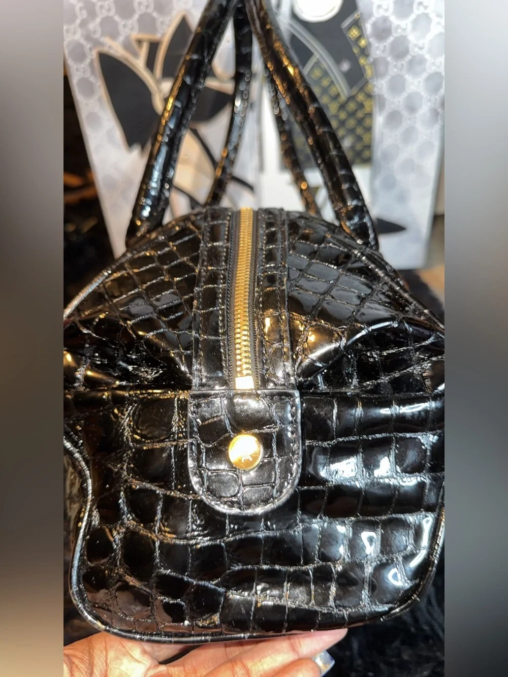 MCM Black Croc-Embossed Leather Satchel with Gold Logo Plaque